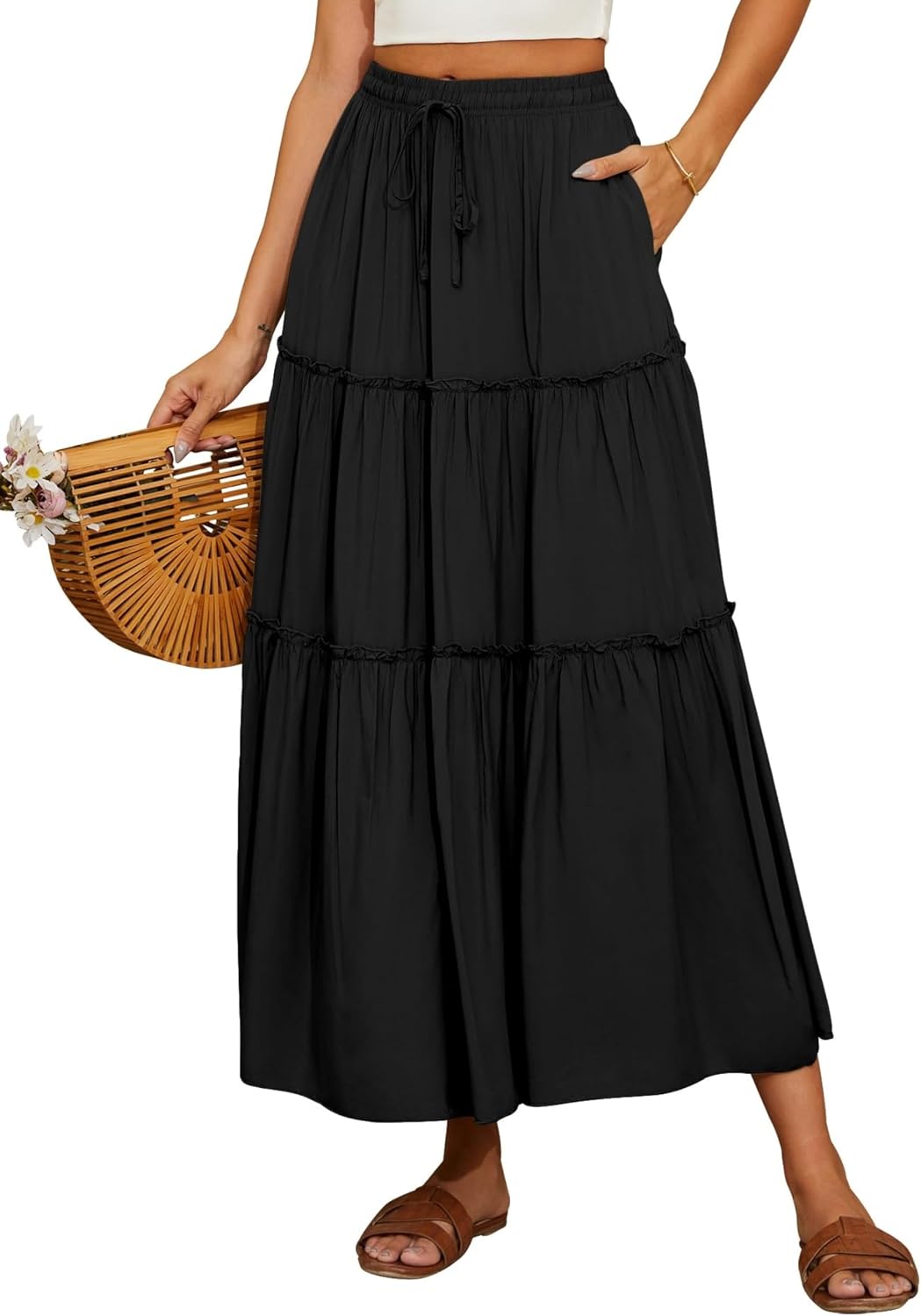 Anaïs Jupe Midi – Jupe Bohème Fluide Taille Haute avec Poches et Coupe Trapèze