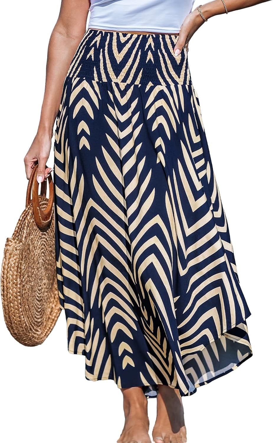 Noémie Gonna Maxi Boho – Gonna Lunga a Vita Alta Arricciata con Motivo Astratto