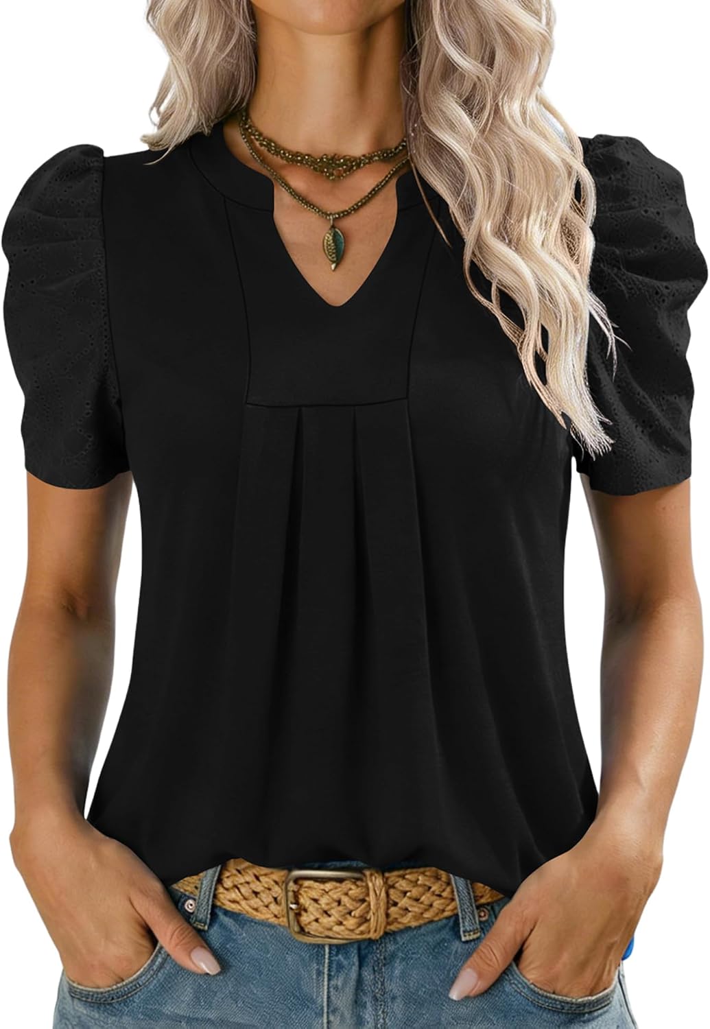 Alessia Haut Femme – Blouse à Col V avec Manches Courtes Bouffantes