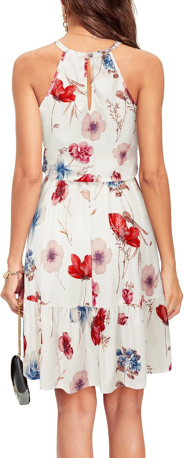 Ophélie Robe Femme – Robe Mi-Longue à Col Halter avec Volants et Poches