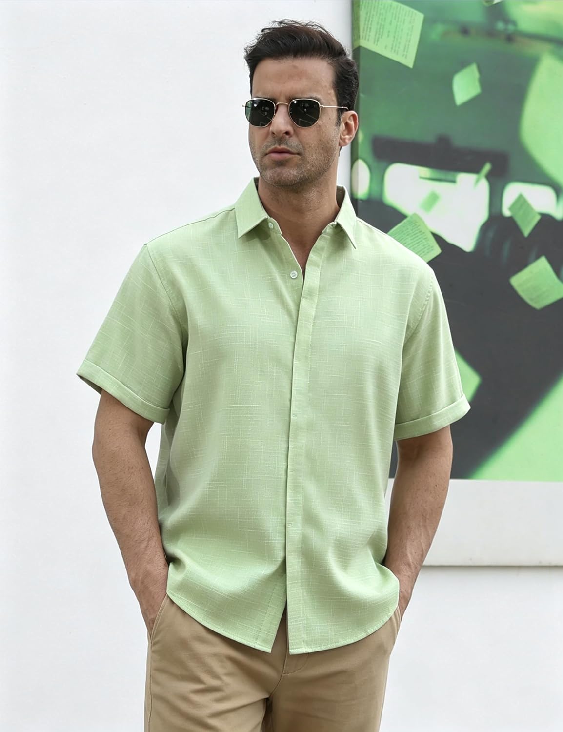 Christian Chemise en Lin Homme à Manches Courtes – Chemise Légère d'Été à Boutons Invisibles