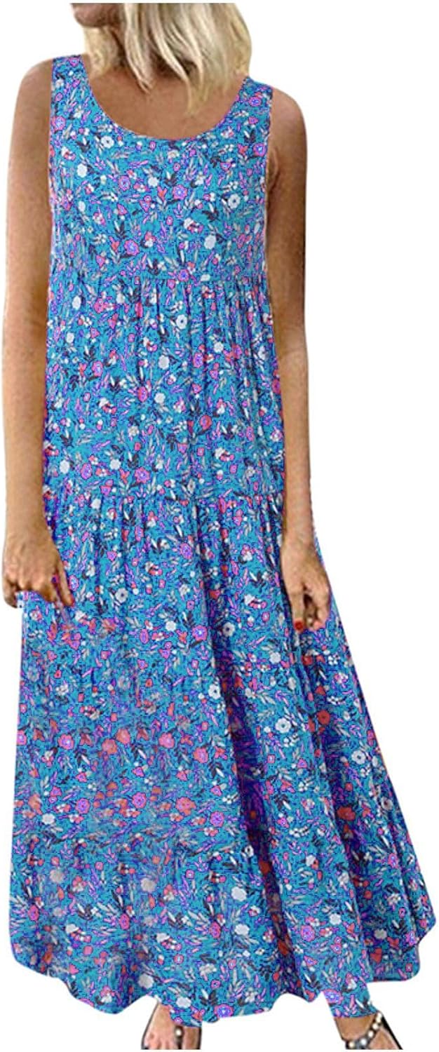 Alessandra Robe Femme Grande Taille – Robe Longue Fleurie Sans Manches à Col Rond Coupe Évasée
