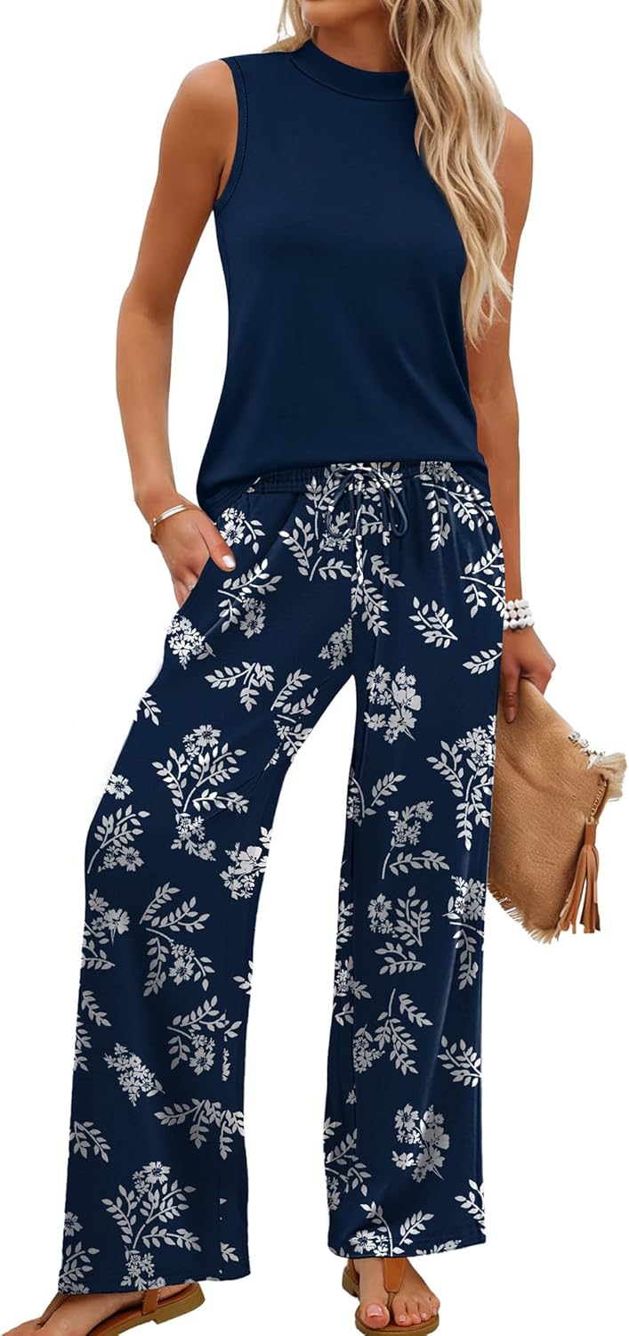 Bérénice Ensemble Femme 2 Pièces – Haut Sans Manches et Pantalon Large Imprimé