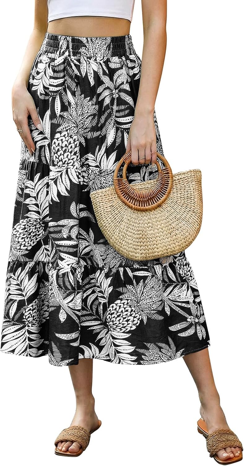 Émilie Jupe Longue Femme – Jupe Midi Évasée à Imprimé Floral avec Taille Élastique