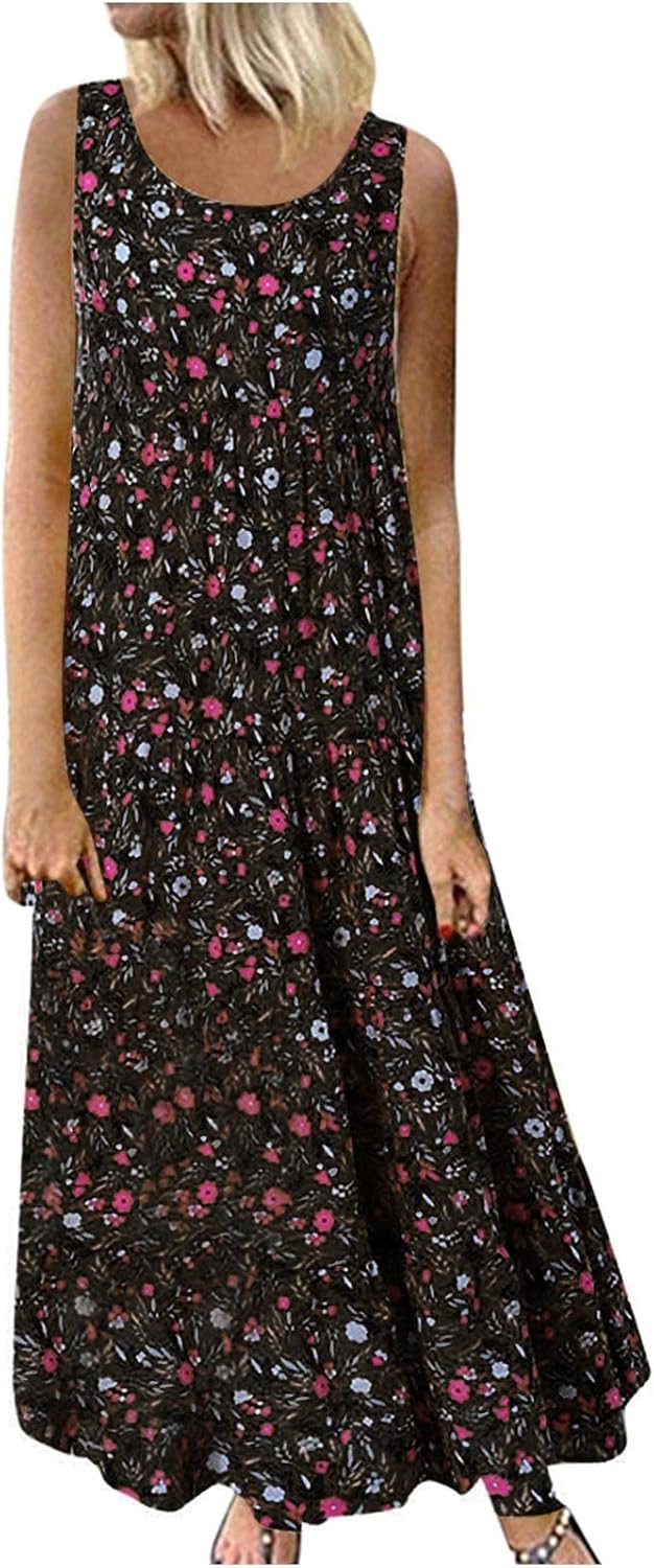 Alessandra Robe Femme Grande Taille – Robe Longue Fleurie Sans Manches à Col Rond Coupe Évasée