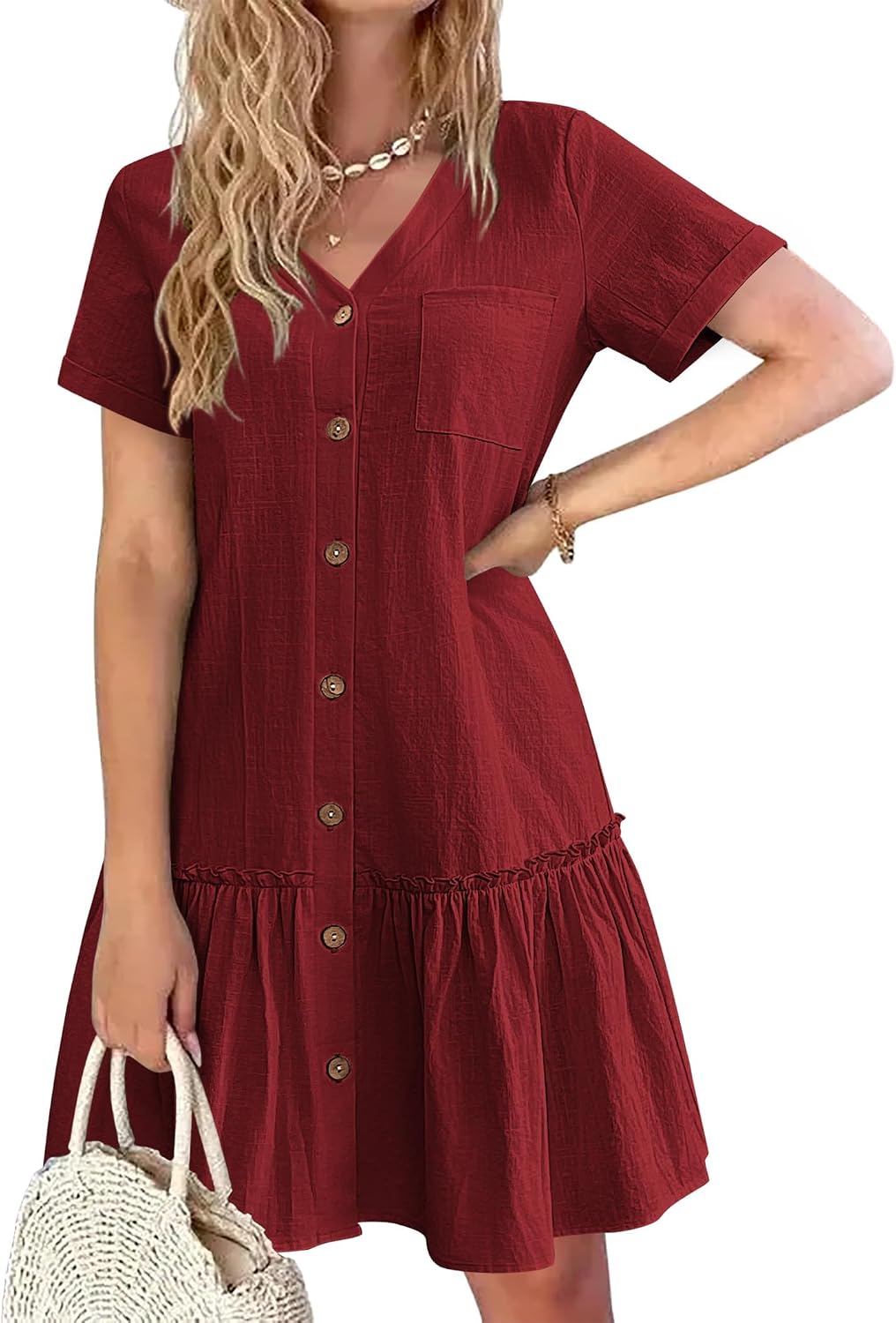 Lison Robe d'Été – Robe Courte en Mélange Coton-Lin à Col V Boutonné