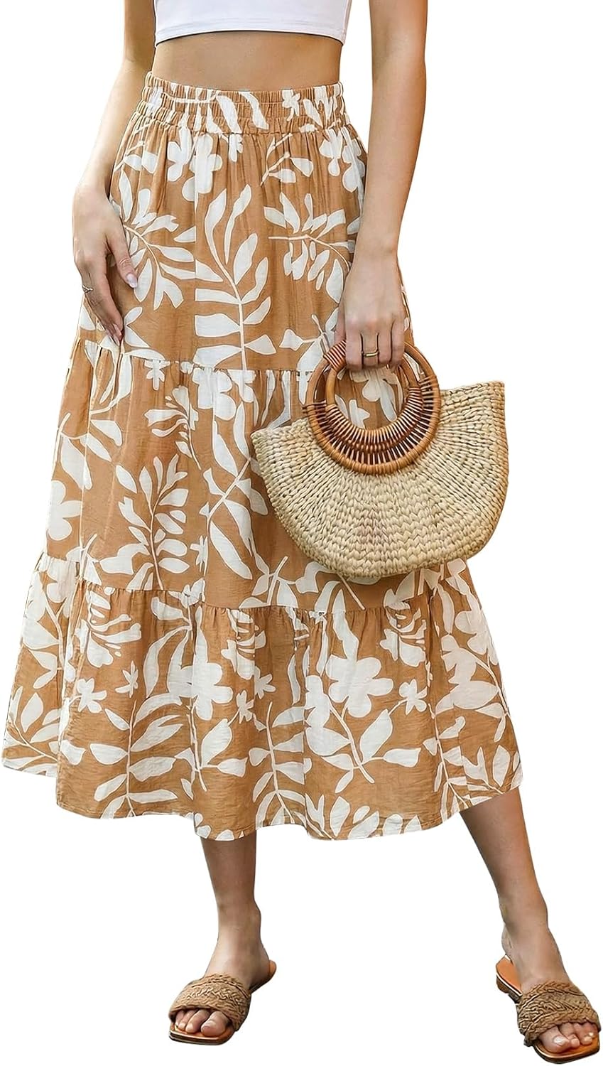 Émilie Jupe Longue Femme – Jupe Midi Évasée à Imprimé Floral avec Taille Élastique