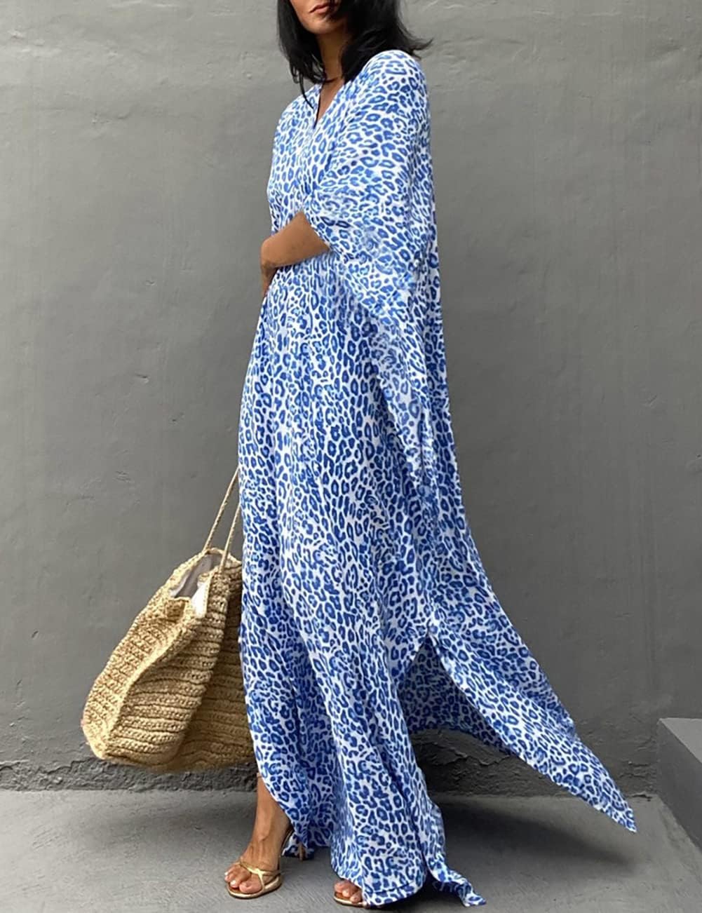 Solène Caftan Femme – Robe Longue de Plage à Imprimé Ethnique en Mousseline