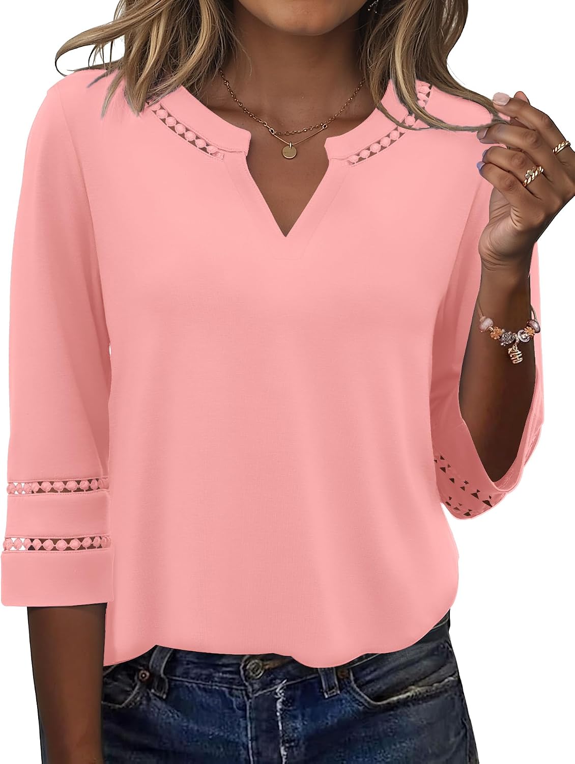 Charlene Blouse Femme – Col V Brodé en Dentelle avec Manches 3/4
