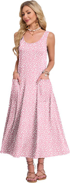 Rochelle Robe Femme – Robe Longue Sans Manches à Col Rond avec Coupe Évasée et Poches