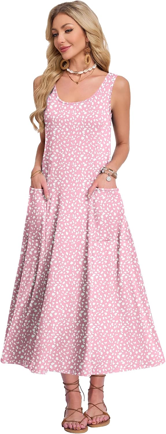 Rochelle Robe Femme – Robe Longue Sans Manches à Col Rond avec Coupe Évasée et Poches