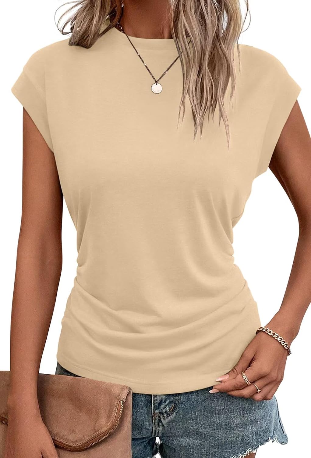 Bianca Haut Femme – T-Shirt Ample à Manches Courtes avec Détails Plissés