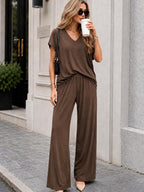 Samantha Ensemble Lounge Femme Deux Pièces – Set Décontracté avec Haut Col V et Pantalon Large