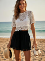 Capucine Short Femme – Short Bohème à Taille Élastique avec Dentelle et Cordon