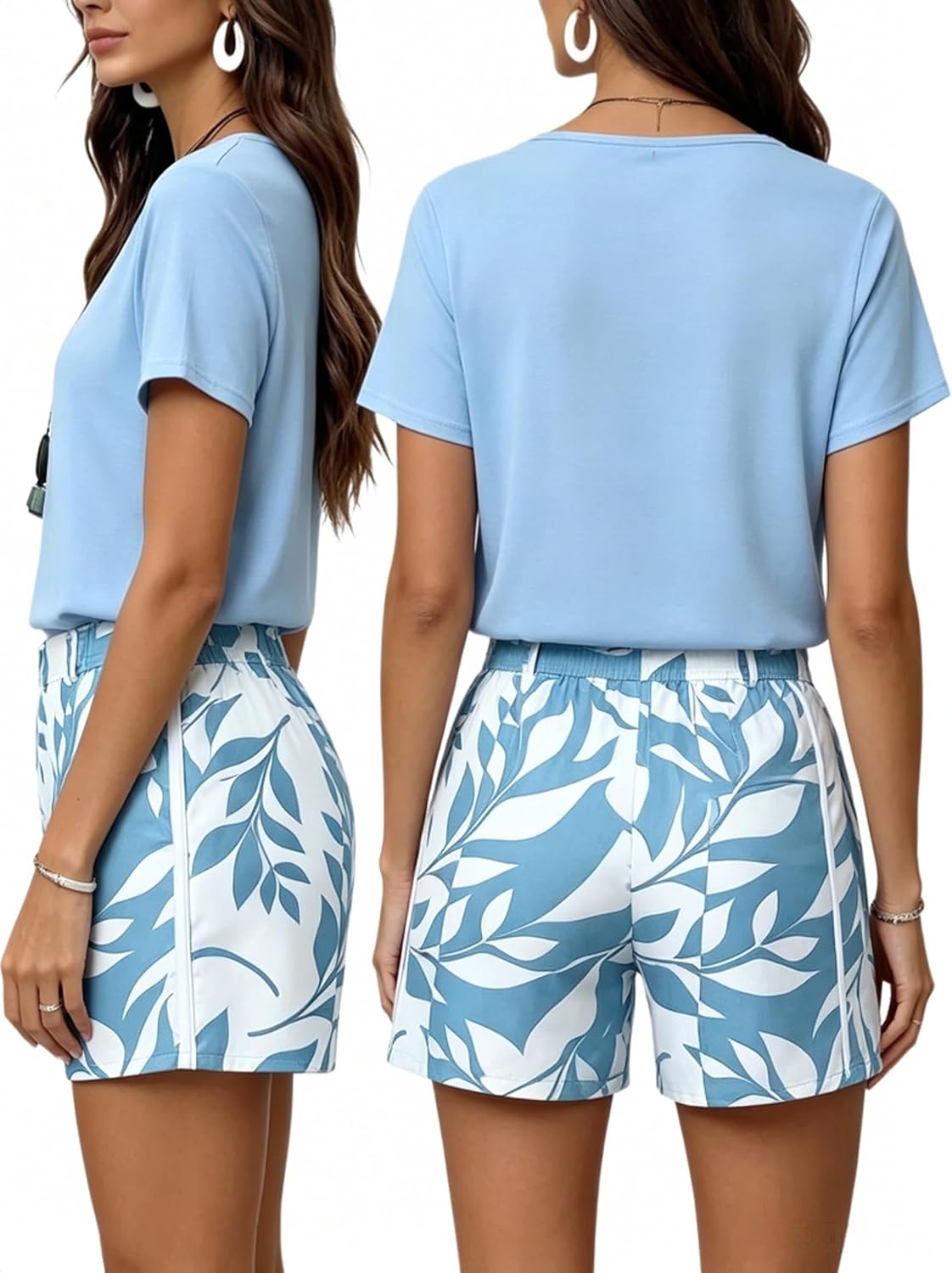 Francesca Ensemble Femme Deux Pièces – T-Shirt Uni et Short Imprimé Feuillage