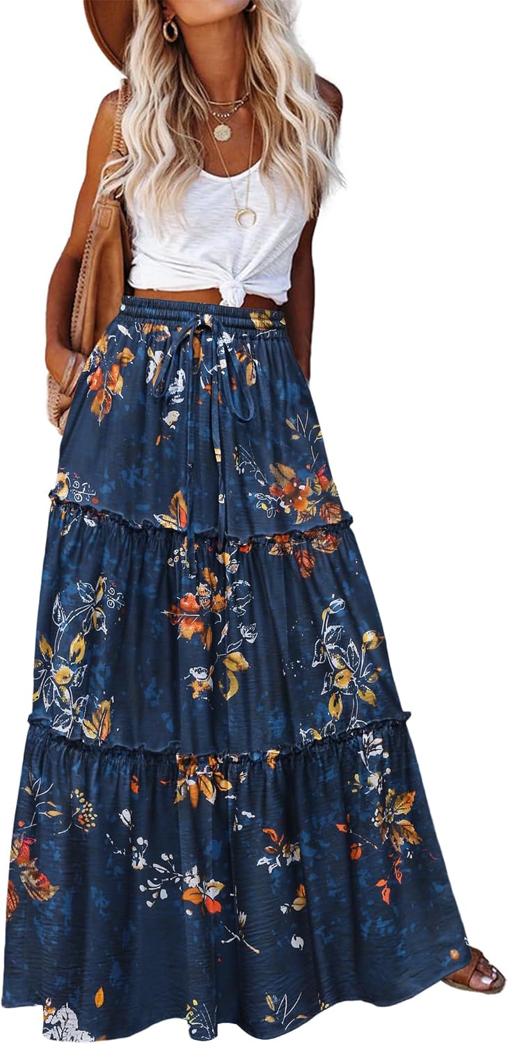 Maëlle Jupe Maxi – Jupe Longue Bohème Taille Haute à Volants avec Poches