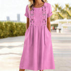 Matilde Robe Femme – Robe Midi en Coton et Lin avec Broderies Florales, Plis et Poches