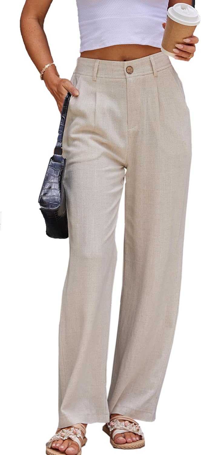 Denise Pantalon Droit en Lin – Pantalon Élégant Taille Haute pour le Bureau et l'Été