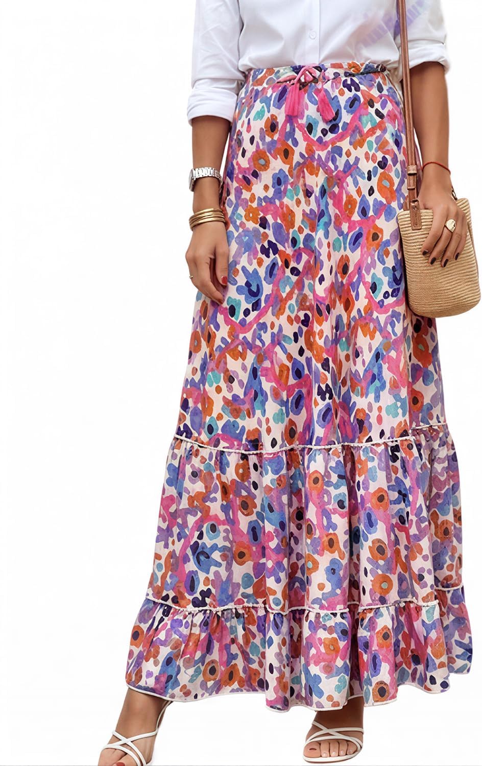 Maëlle Jupe Maxi Bohème – Jupe Longue Fleurie Taille Smockée