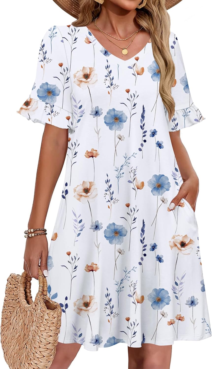 Patricia Robe Courte Femme – Coupe Trapèze Fleurie avec Col V et Poches