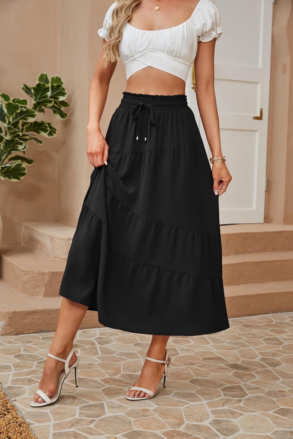 Floriane Jupe Maxi – Jupe Longue à Volants Taille Haute avec Poches Style Bohème