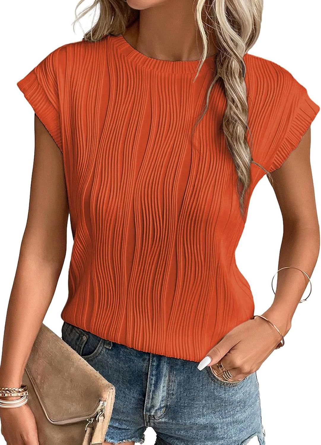 Charlene T-Shirt Femme en Maille – Haut Décontracté à Col Rond et Manches Chauve-Souris