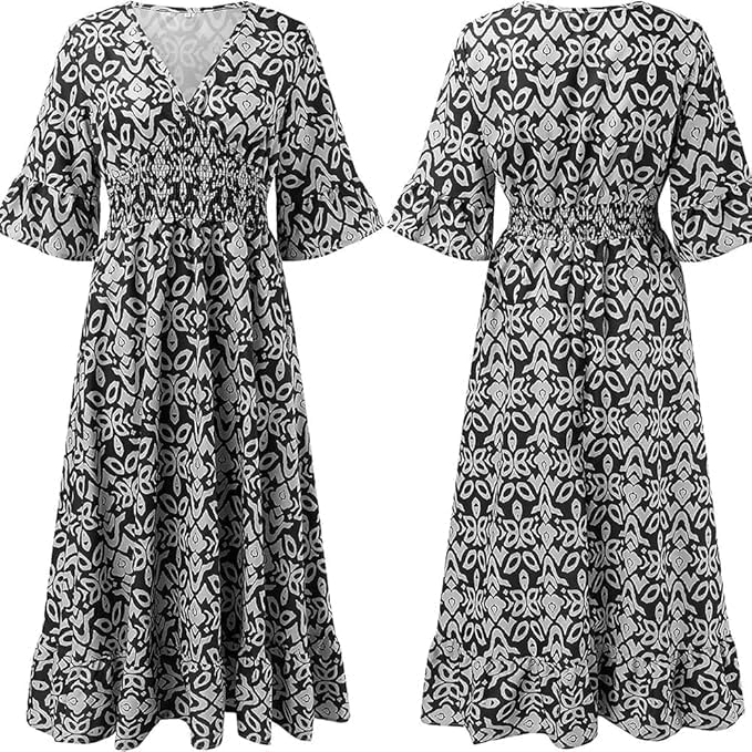 Charlotte Robe Femme Grande Taille – Robe Longue Fleurie à Col V avec Taille Élastiquée et Manches 3/4