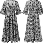 Charlotte Robe Femme Grande Taille – Robe Longue Fleurie à Col V avec Taille Élastiquée et Manches 3/4