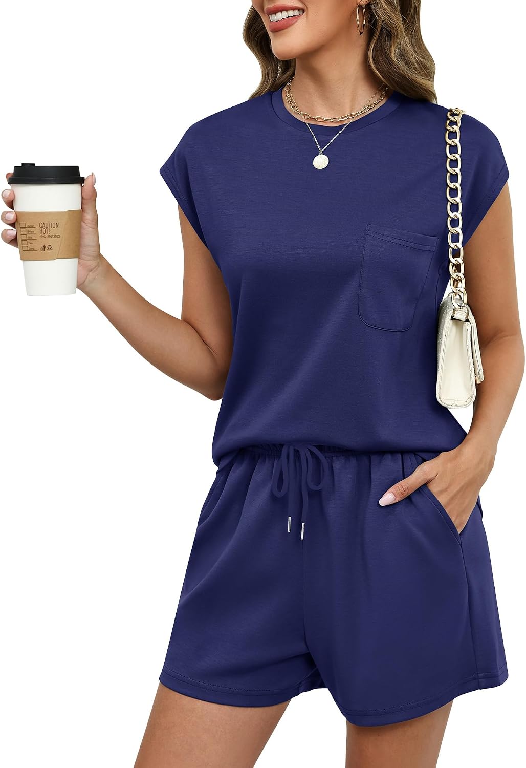 Isabella Ensemble Femme – Ensemble Deux Pièces avec Haut à Manches Courtes et Short à Cordon de Serrage