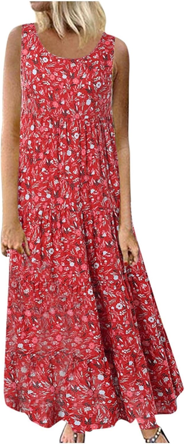 Alessandra Robe Femme Grande Taille – Robe Longue Fleurie Sans Manches à Col Rond Coupe Évasée