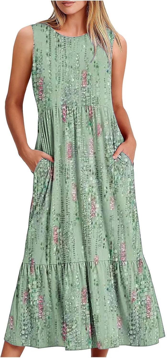 Alessandra Robe Femme Grande Taille – Robe Longue Fleurie Sans Manches à Col Rond Coupe Évasée