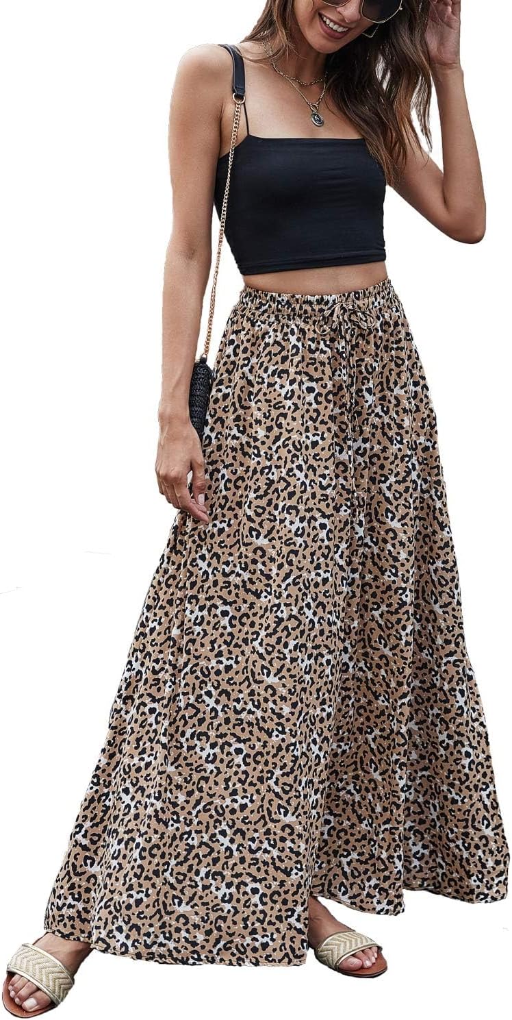 Estelle Jupe Maxi Imprimé Léopard – Jupe Longue Taille Élastique avec Cordon