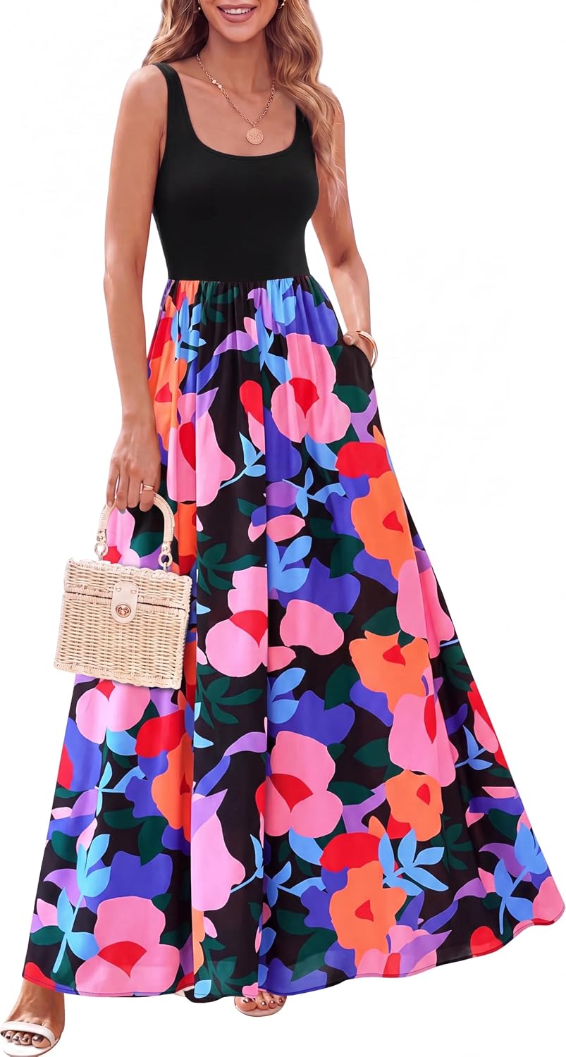 Camille Robe Longue Femme – Coupe Trapèze Fleurie Sans Manches à Col Rond