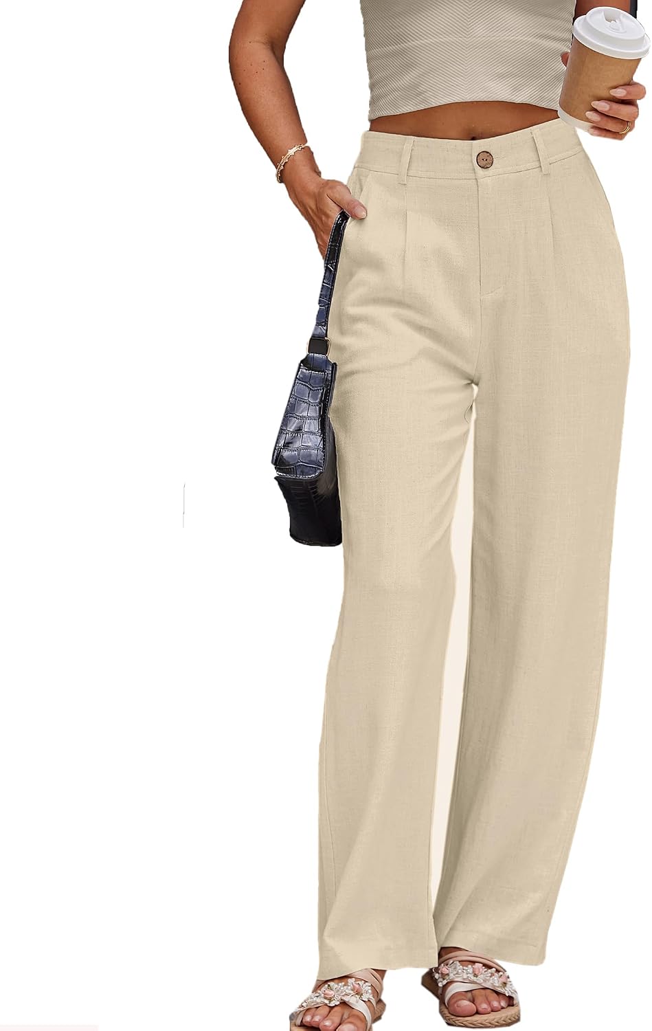 Denise Pantalon Droit en Lin – Pantalon Élégant Taille Haute pour le Bureau et l'Été