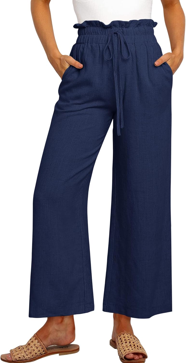 Bianca Pantalon Palazzo en Lin – Pantalon Taille Haute Léger avec Cordon de Serrage