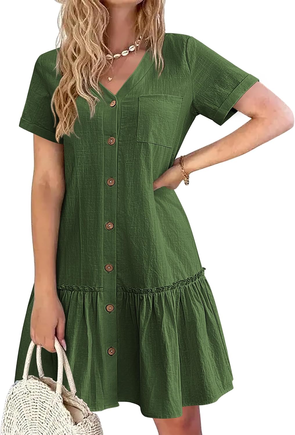 Lison Robe d'Été – Robe Courte en Mélange Coton-Lin à Col V Boutonné