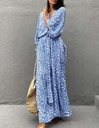 Solène Caftan Femme – Robe Longue de Plage à Imprimé Ethnique en Mousseline
