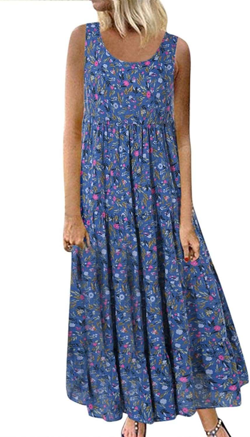 Alessandra Robe Femme Grande Taille – Robe Longue Fleurie Sans Manches à Col Rond Coupe Évasée