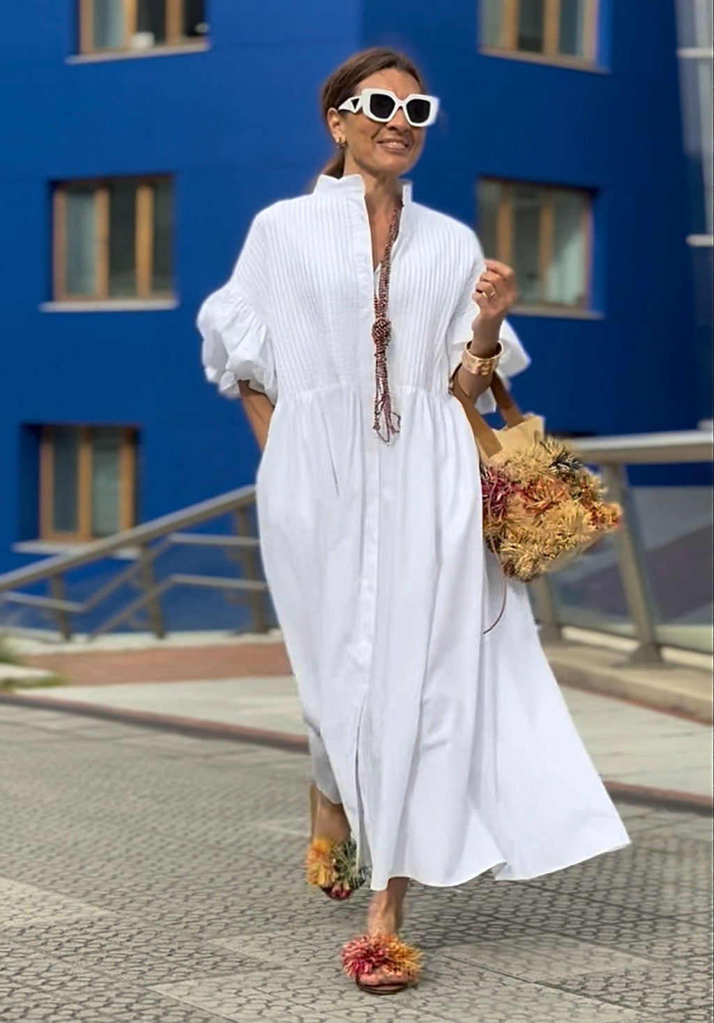 Vanessa Robe Longue en Coton – Robe Blanche Élégante avec Ceinture et Poches