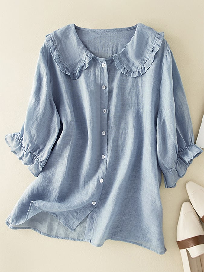 Peyton Blouse Femme – Chemise Ample en Coton-Lin avec Col à Volants Élégant