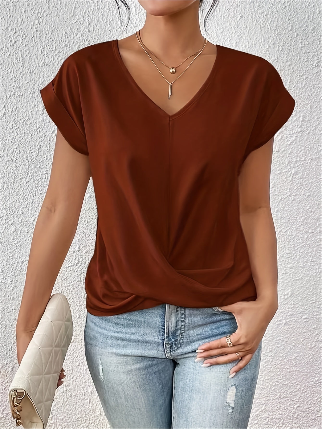 Élise Top Femme – Col en V Drapé, Manches Courtes & Coupe Confortable