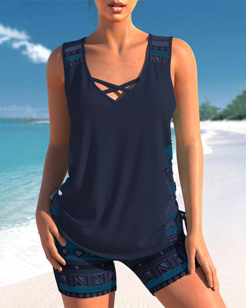 Jessica Tankini Femme – Ensemble Tankini avec Imprimé Géométrique et Short Assorti