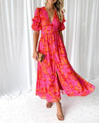 Chloe Robe Longue Femme – Robe Maxi Fleurie à Col V avec Manches Bouffantes Élégantes