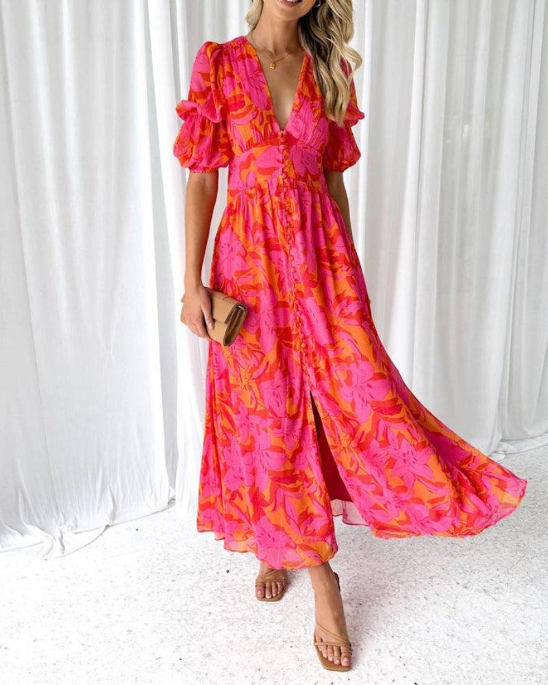 Chloe Robe Longue Femme – Robe Maxi Fleurie à Col V avec Manches Bouffantes Élégantes