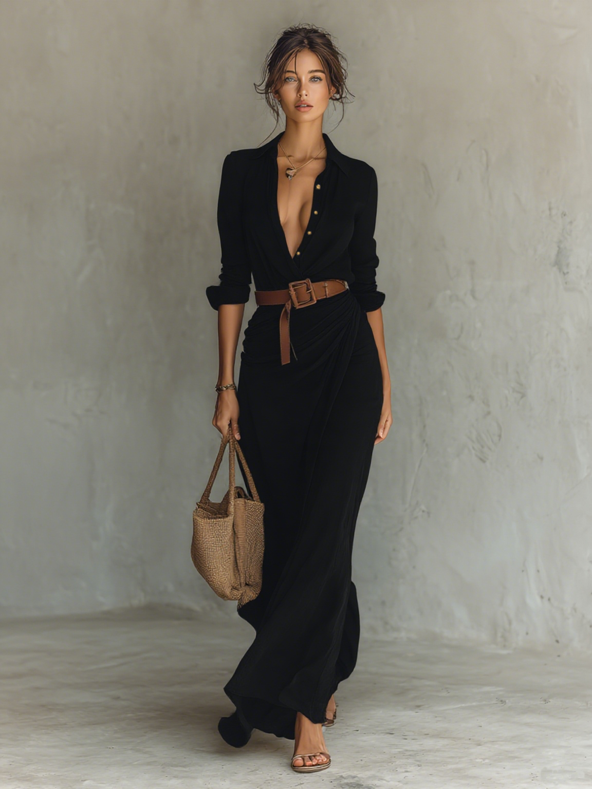 Bianca Robe Maxi à Revers – Robe Élégante Ceinturée à Manches Longues