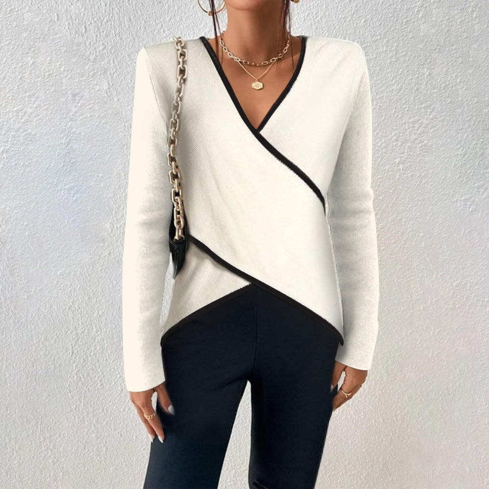 Alessia Pull Femme – Pull Croisé à Col V avec Finitions Contrastées Élégantes