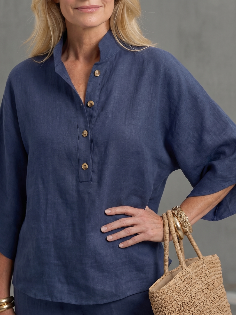 Arianne Ensemble Tunique et Pantalon – Ensemble Décontracté en Coton et Lin à Boutons