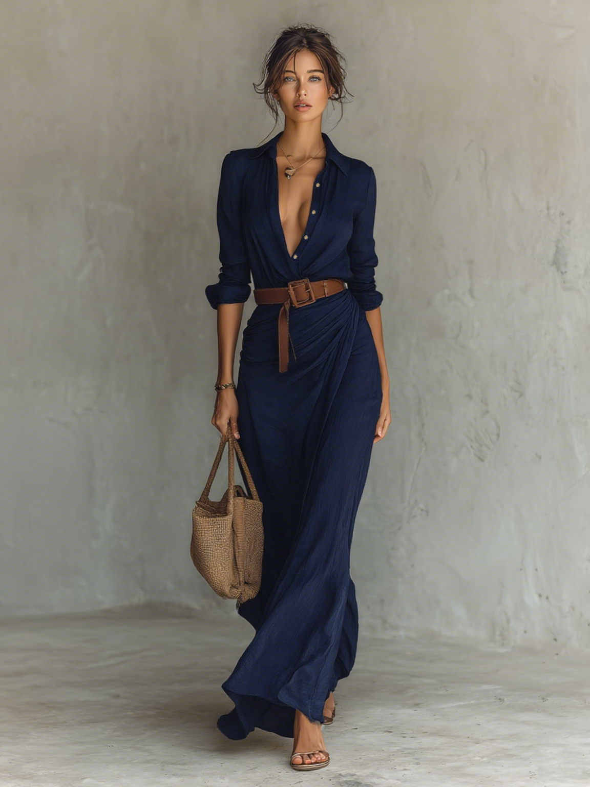 Bianca Robe Maxi à Revers – Robe Élégante Ceinturée à Manches Longues