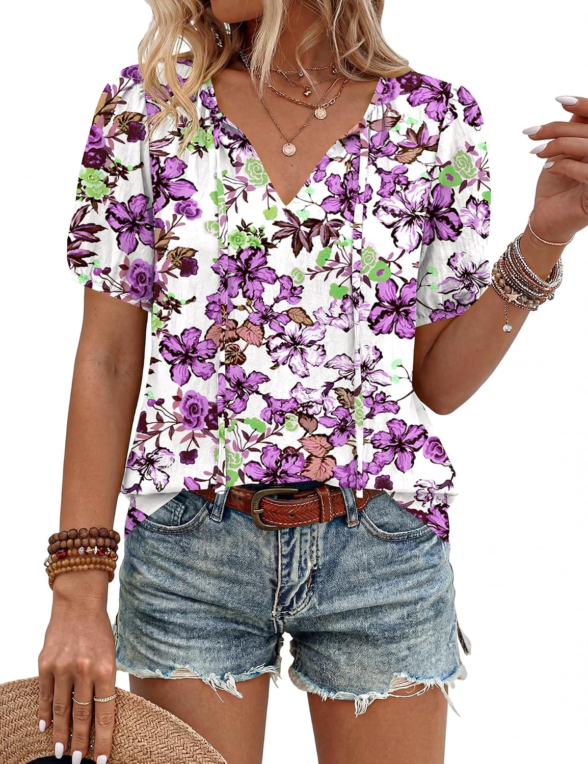 Caterina Blouse Femme – Blouse Bohème à Col V avec Liens à Nouer et Manches Courtes Bouffantes