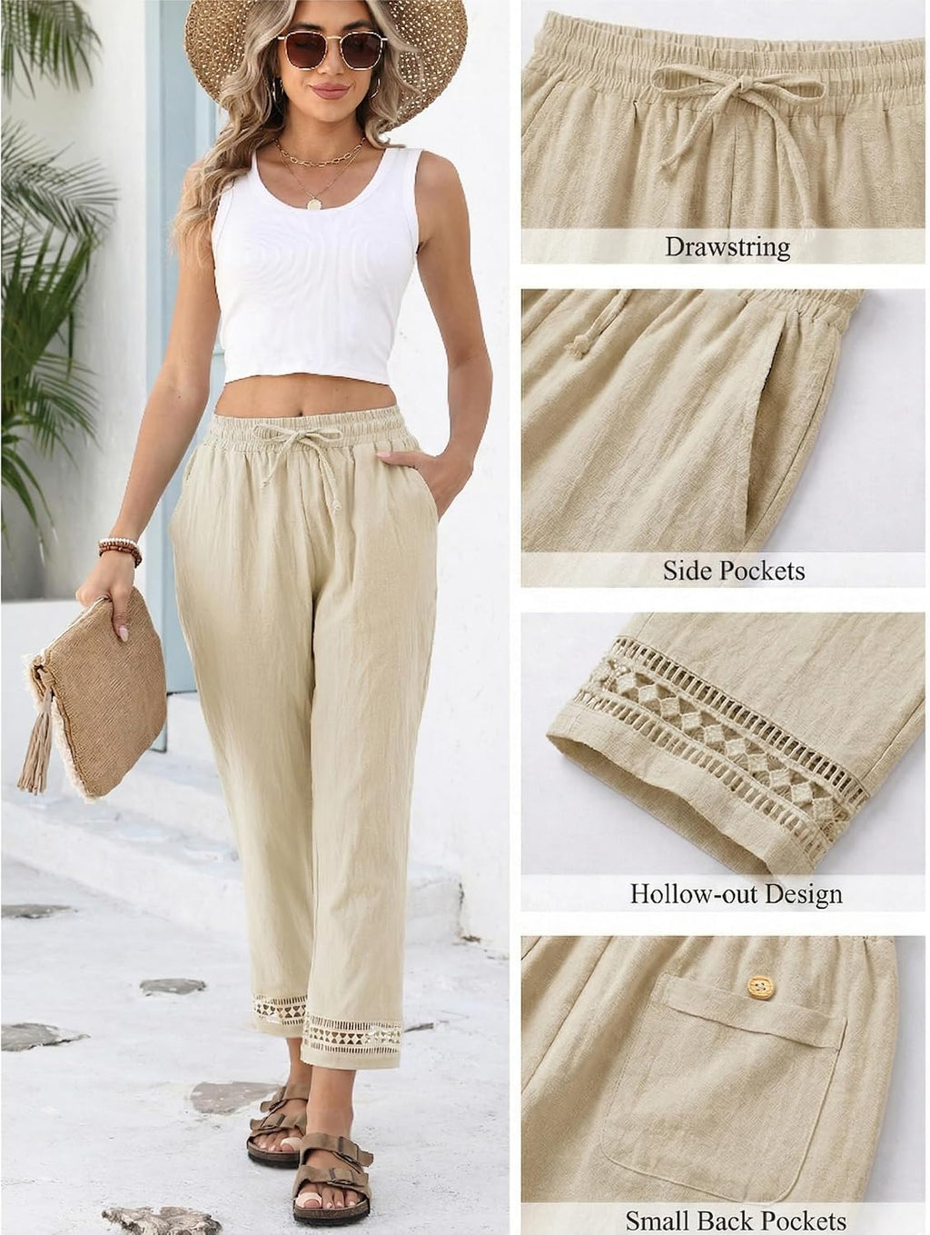 Samantha Pantalon Femme – Pantalon Court Ample avec Taille Élastiquée, Cordon de Serrage et Finition en Dentelle